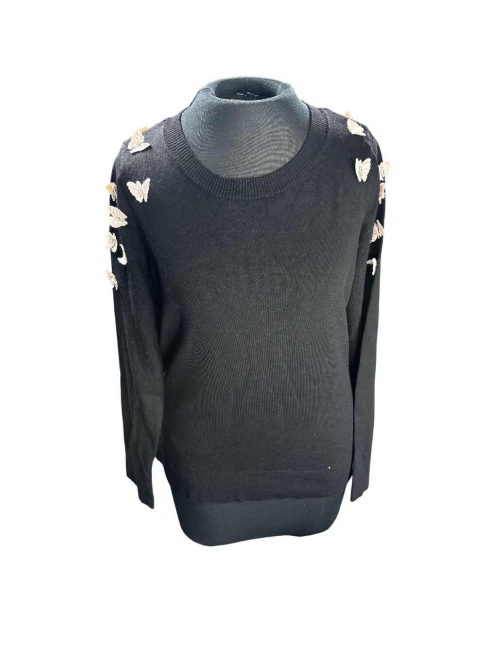 INC International Concepts Womens Black Sweater With Embellished Butterflies Lon
